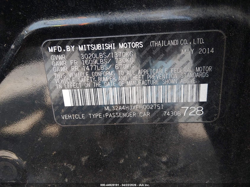 2015 Mitsubishi Mirage VIN ML32A4HJXFH002751 IAAI salvage auction — RIGHT REAR, Salvage (South Carolina), sold $700 on 2026-07-15 (photo 9)