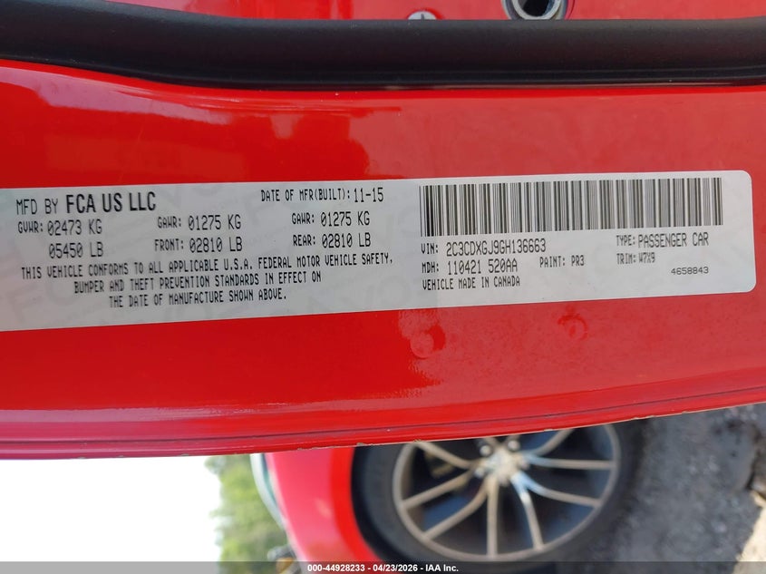 2016 Dodge Charger VIN 2C3CDXGJ9GH136663 IAAI salvage auction — THEFT, Salvage Title, sold $9,900 on 2026-07-29 (photo 9)