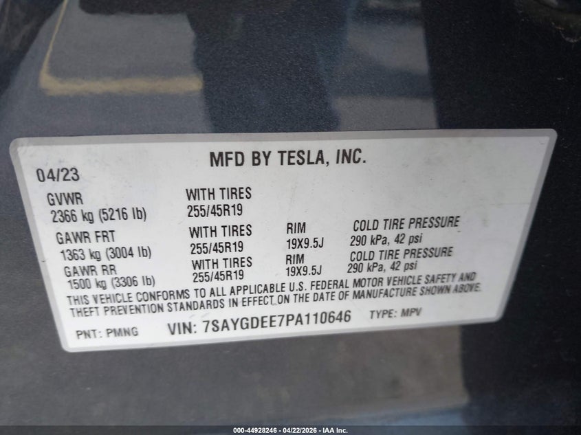 2023 Tesla Model y VIN 7SAYGDEE7PA110646 IAAI salvage auction — UNDERCARRIAGE, Rebuildable (Florida), sold $14,200 on 2026-07-30 (photo 9)