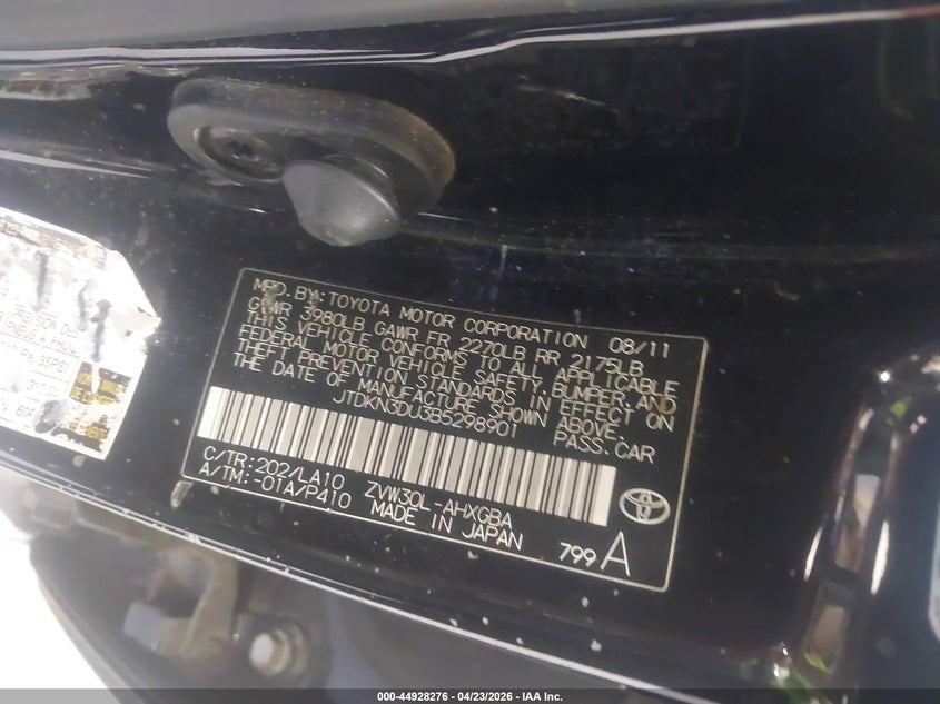 2011 Toyota Prius VIN JTDKN3DU3B5298901 IAAI salvage auction — FRONT END, Mv-907A (New York), sold $900 on 2026-07-29 (photo 9)