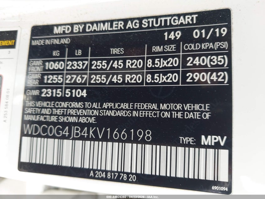 2019 Mercedes-benz Glc VIN WDC0G4JB4KV166198 IAAI salvage auction — FRONT END, Salvage (Georgia), sold $6,800 on 2026-07-30 (photo 9)