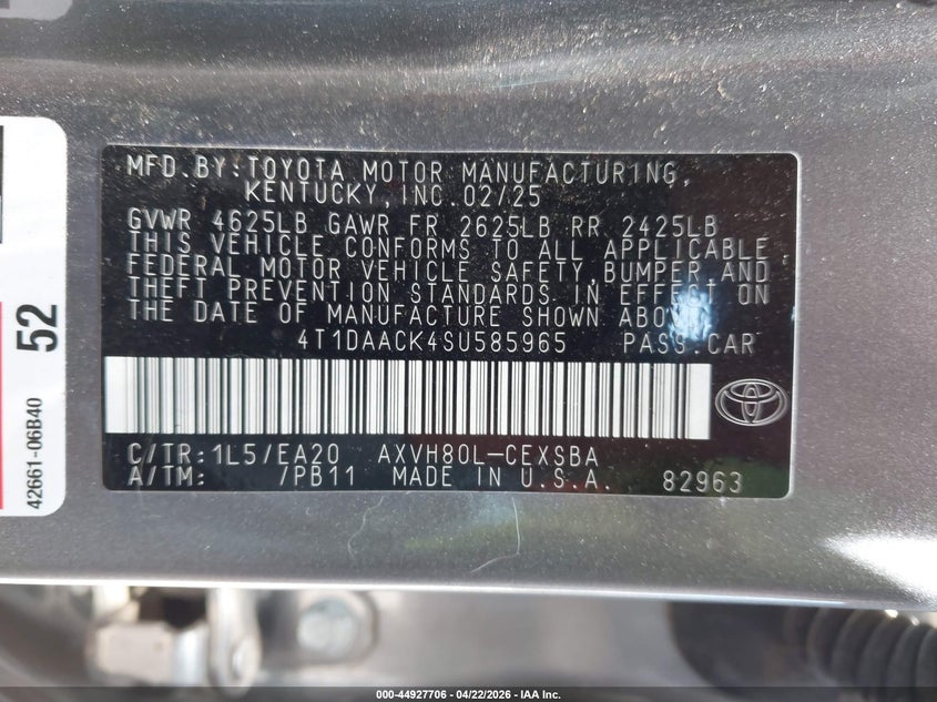 2025 Toyota Camry VIN 4T1DAACK4SU585965 IAAI salvage auction — REAR END, Salvage (Hawaii), sold $12,325 on 2026-08-25 (photo 9)