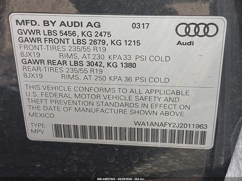 2018 Audi Q5 VIN WA1ANAFY2J2011963 IAAI salvage auction — FRONT END, Salvage (Nevada), sold $4,600 on 2026-07-24 (photo 9)