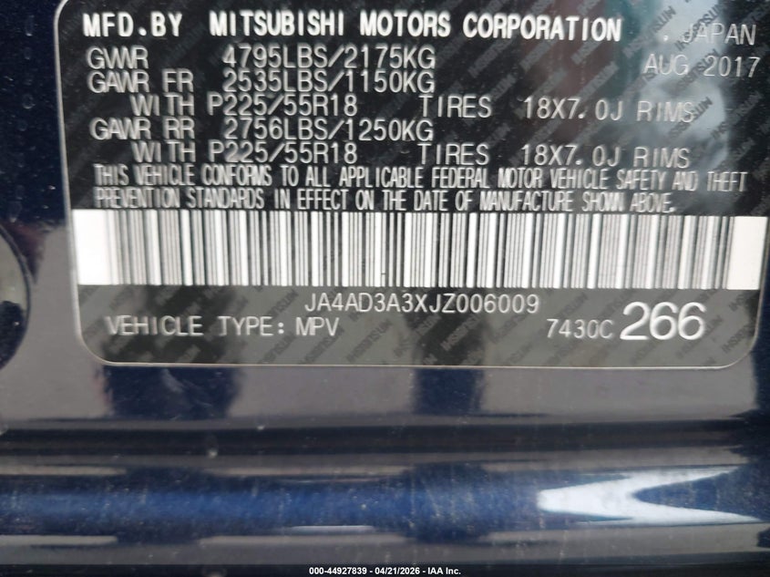2018 Mitsubishi Outlander VIN JA4AD3A3XJZ006009 IAAI salvage auction — LEFT FRONT, Salvage Title, sold $1,950 on 2026-07-15 (photo 9)