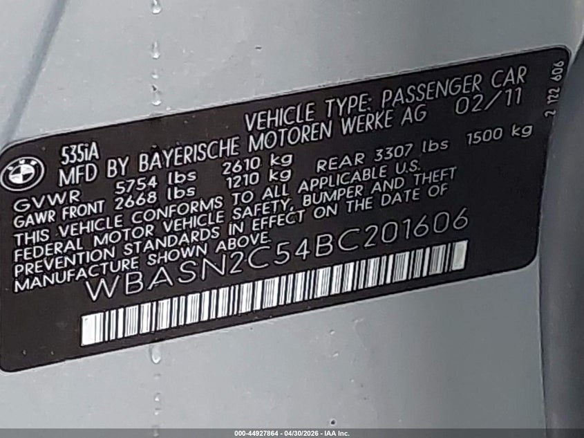 2011 BMW 5 series VIN WBASN2C54BC201606 IAAI salvage auction — NORMAL WEAR, Salvage (Texas), sold $1,825 on 2026-07-14 (photo 9)