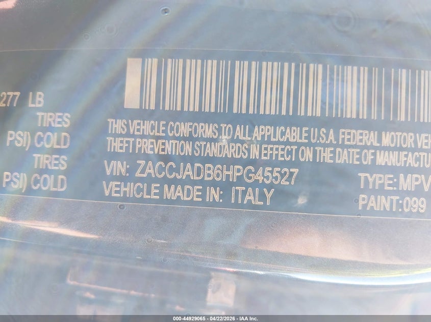 2017 Jeep Renegade VIN ZACCJADB6HPG45527 IAAI salvage auction — VANDALISM, Salvage (Ohio), sold $1,000 on 2026-07-28 (photo 9)