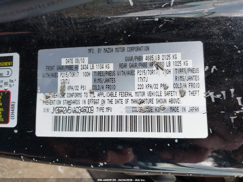 2010 Mazda Cx-7 VIN JM3ER2W5XA0346009 IAAI salvage auction — RIGHT FRONT, Salvage (Louisiana), sold $425 on 2026-07-08 (photo 9)