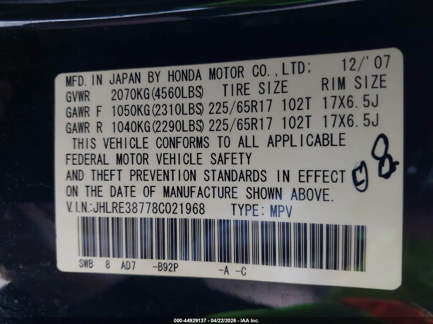 2008 Honda Cr-v VIN JHLRE38778C021968 IAAI salvage auction — FRONT END, Clear (Michigan), sold $25 on 2026-07-27 (photo 9)