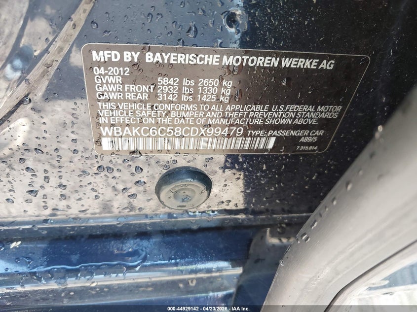 2012 BMW 7er VIN WBAKC6C58CDX99479 IAAI salvage auction — FRONT END, Salvage Title, sold $1,250 on 2026-07-11 (photo 9)