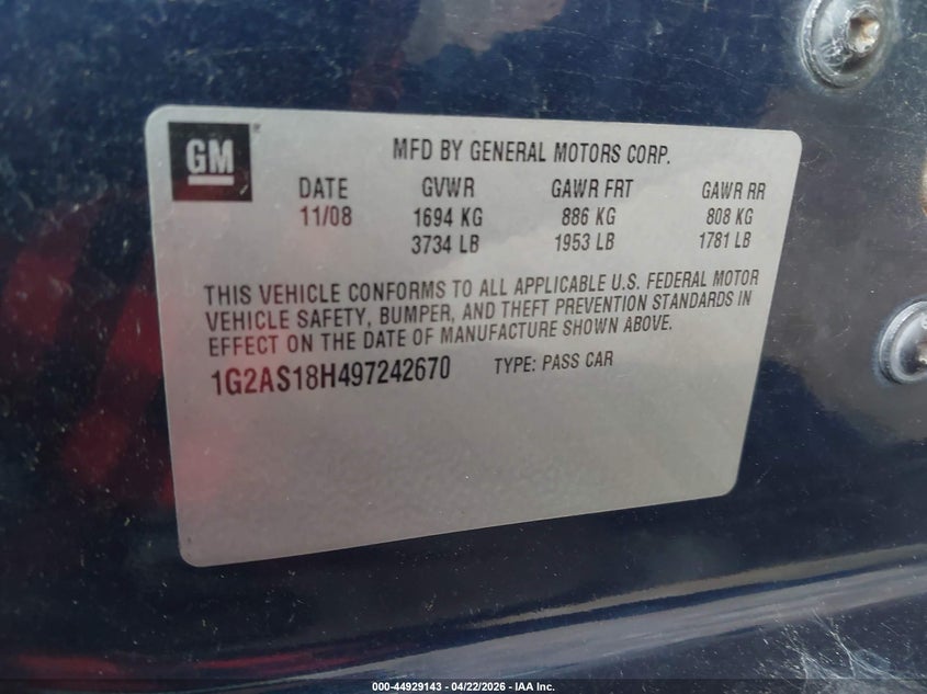 2009 Pontiac G5 VIN 1G2AS18H497242670 IAAI salvage auction — FRONT END, Clear (Oklahoma), sold $25 on 2026-07-22 (photo 9)