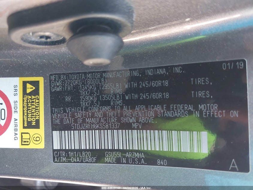 2019 Toyota Highlander VIN 5TDJZRFH6KS581337 IAAI salvage auction — REPOSSESSION, Salvage Title, sold $11,225 on 2026-07-13 (photo 9)