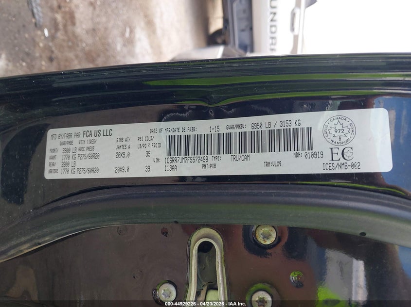 2015 Ram 1500 VIN 1C6RR7JM7FS572498 IAAI salvage auction — REAR END, Salvage Title, sold $3,150 on 2026-07-09 (photo 9)
