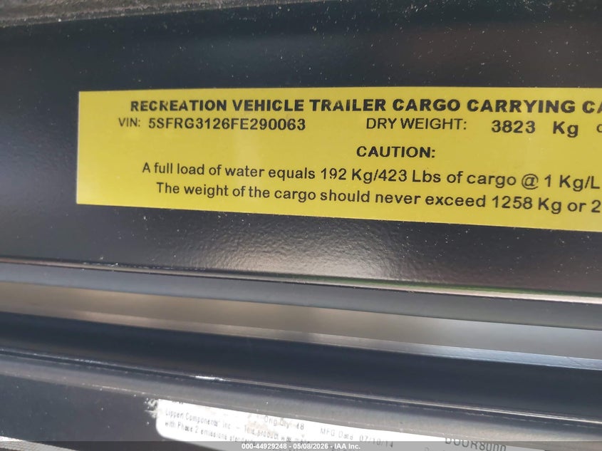 2015 Heartland Elkridge VIN 5SFRG3126FE290063 IAAI salvage auction — WATER/FLOOD, Salvage (North Carolina), sold $3,050 on 2026-07-06 (photo 9)
