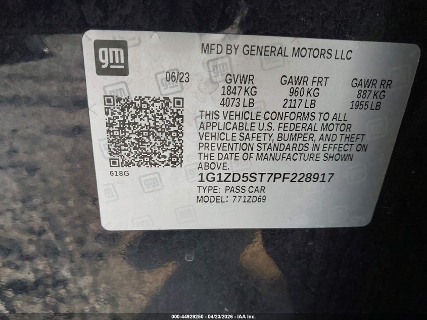 2023 Chevrolet Malibu VIN 1G1ZD5ST7PF228917 IAAI salvage auction — FRONT END, Salvage (Georgia), sold $1,425 on 2026-07-06 (photo 9)
