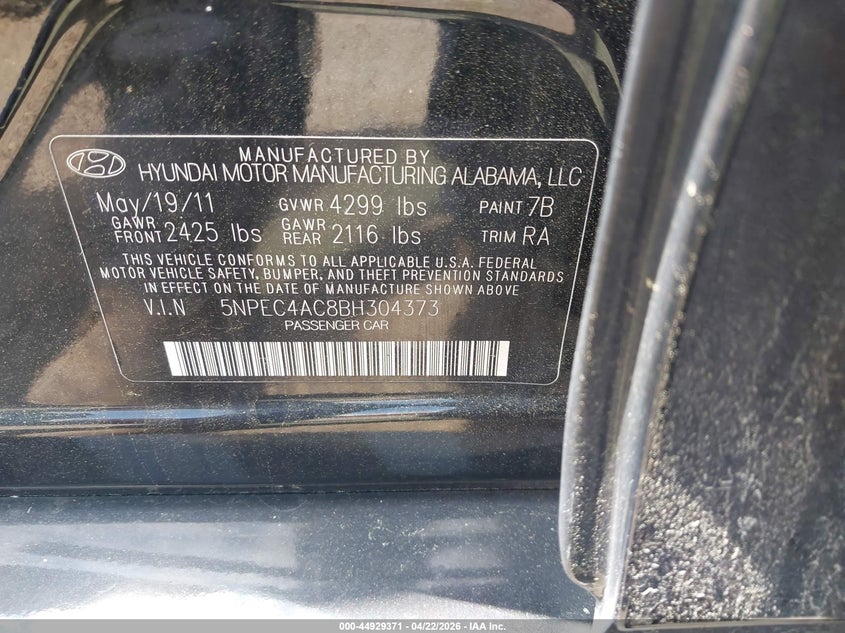 2011 Hyundai Sonata VIN 5NPEC4AC8BH304373 IAAI salvage auction — FRONT END, Salvage - Greater Than 75% (Maryland), sold $425 on 2026-07-06 (photo 9)