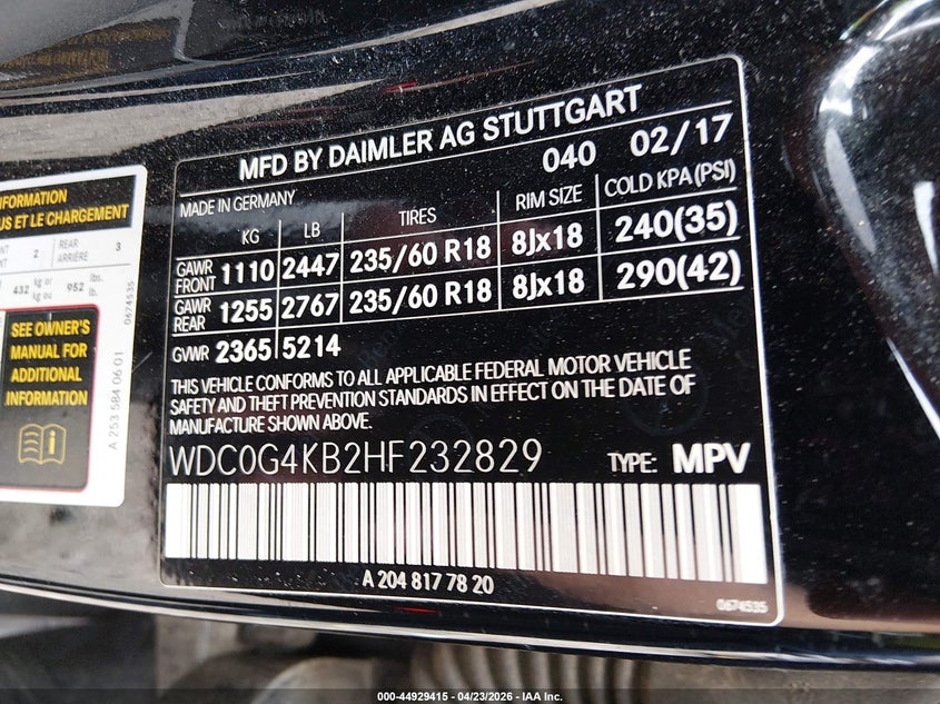 2017 Mercedes-benz Glc VIN WDC0G4KB2HF232829 IAAI salvage auction — FRONT END, Clear (Arkansas), sold $4,800 on 2026-08-13 (photo 9)