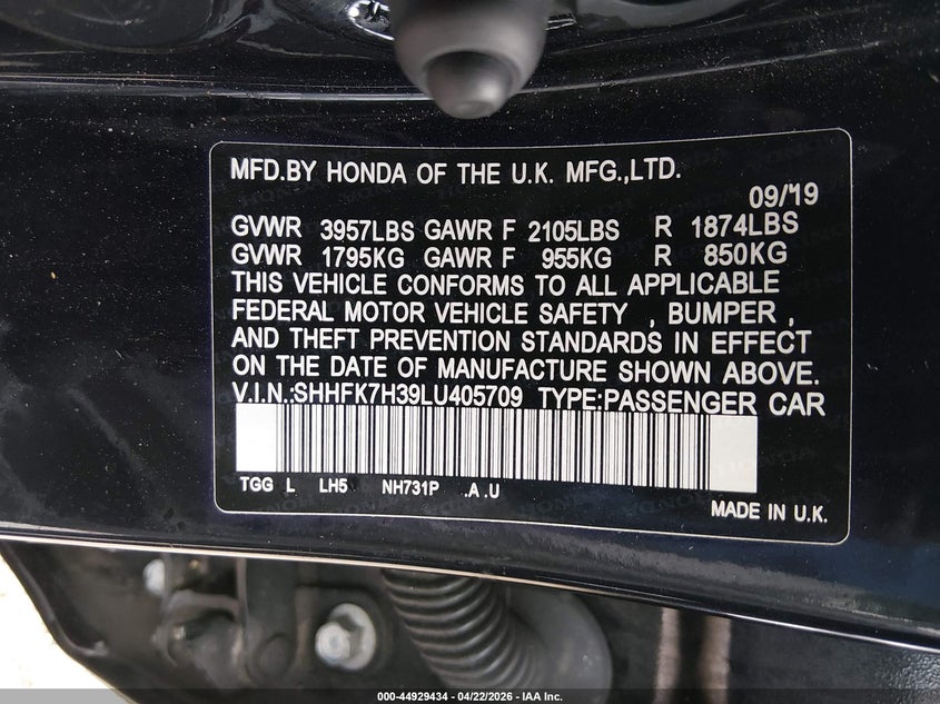 2020 Honda Civic VIN SHHFK7H39LU405709 IAAI salvage auction — FRONT END, Salvage Title, sold $5,550 on 2026-07-20 (photo 9)
