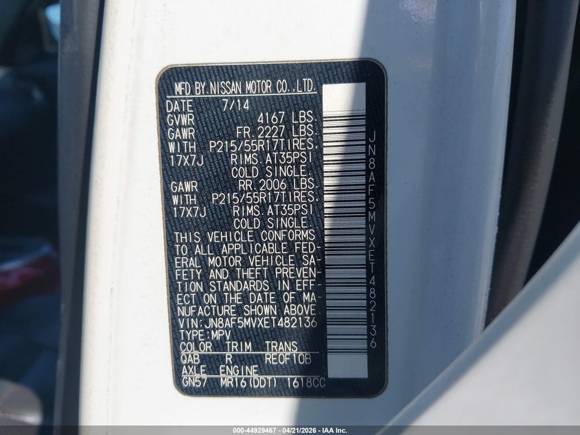 2014 Nissan Juke VIN JN8AF5MVXET482136 IAAI salvage auction — NORMAL WEAR, Salvage Title, sold $625 on 2026-07-16 (photo 9)