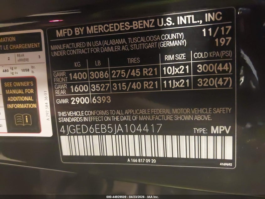 2018 Mercedes-benz Amg gle coupe VIN 4JGED6EB5JA104417 IAAI salvage auction — REAR END, Clear (Michigan), sold $18,000 on 2026-07-21 (photo 9)