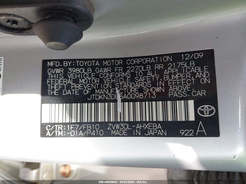 2010 Toyota Prius VIN JTDKN3DU5A0098713 IAAI salvage auction — NORMAL WEAR, Clear (Montana), sold $1,100 on 2026-07-09 (photo 9)