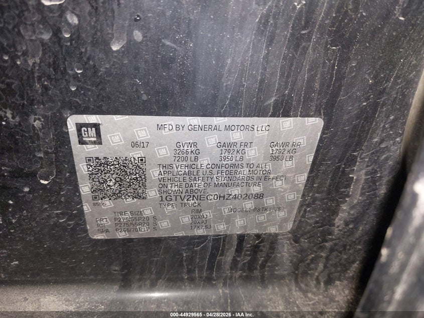 2017 Gmc SIERRA VIN 1GTV2NEC0HZ402088 IAAI salvage auction — FRONT END, Salvage Title, sold $4,150 on 2026-07-02 (photo 9)