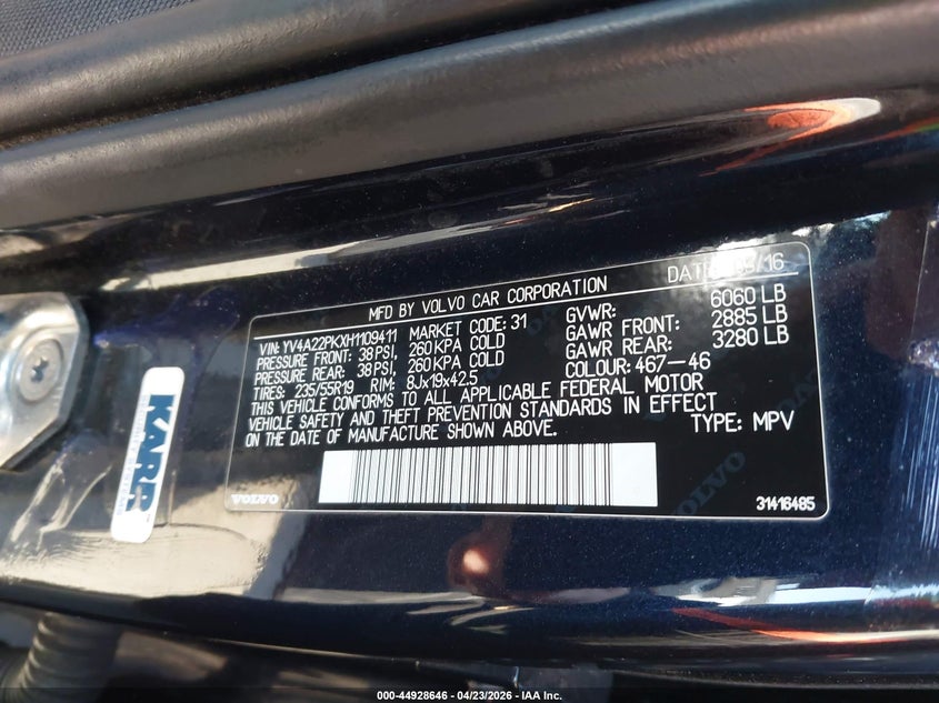 2017 Volvo Xc90 VIN YV4A22PKXH1109411 IAAI salvage auction — LEFT REAR, Salvage Title, sold $9,650 on 2026-07-13 (photo 9)