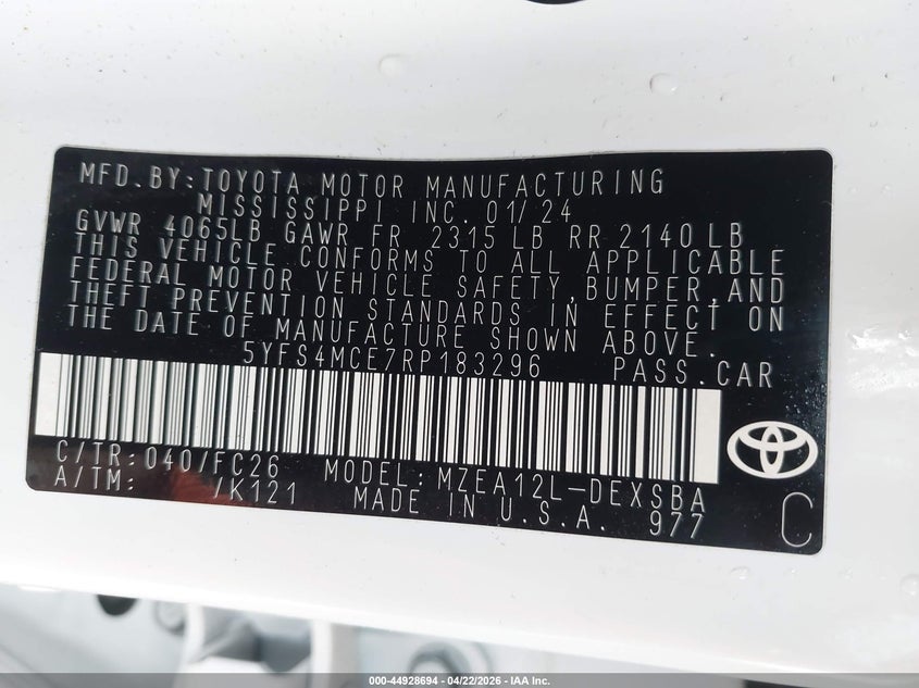 2024 Toyota Corolla VIN 5YFS4MCE7RP183296 IAAI salvage auction — FRONT END, Salvage Title, sold $7,900 on 2026-07-29 (photo 9)