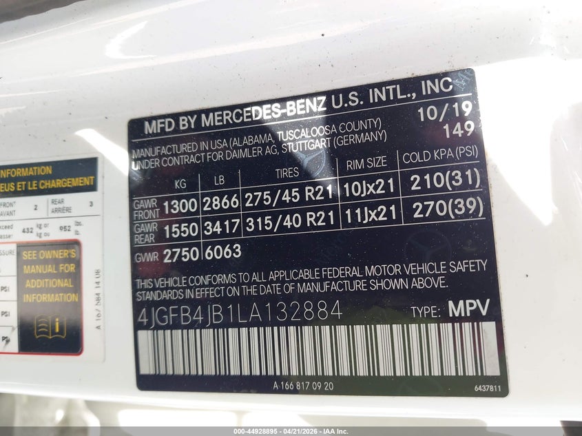 2020 Mercedes-benz Gle VIN 4JGFB4JB1LA132884 IAAI salvage auction — FRONT END, Salvage (Georgia), sold $17,300 on 2026-08-21 (photo 9)