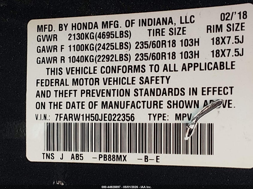 2018 Honda Cr-v VIN 7FARW1H50JE022356 IAAI salvage auction — REAR END, Salvage (Kentucky), sold $5,025 on 2026-07-22 (photo 9)