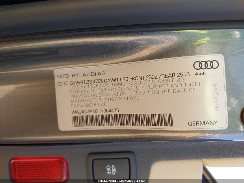 2017 Audi A4 VIN WAUANAF40HN064475 IAAI salvage auction — RIGHT SIDE, Salvage Title, sold $3,950 on 2026-07-13 (photo 9)