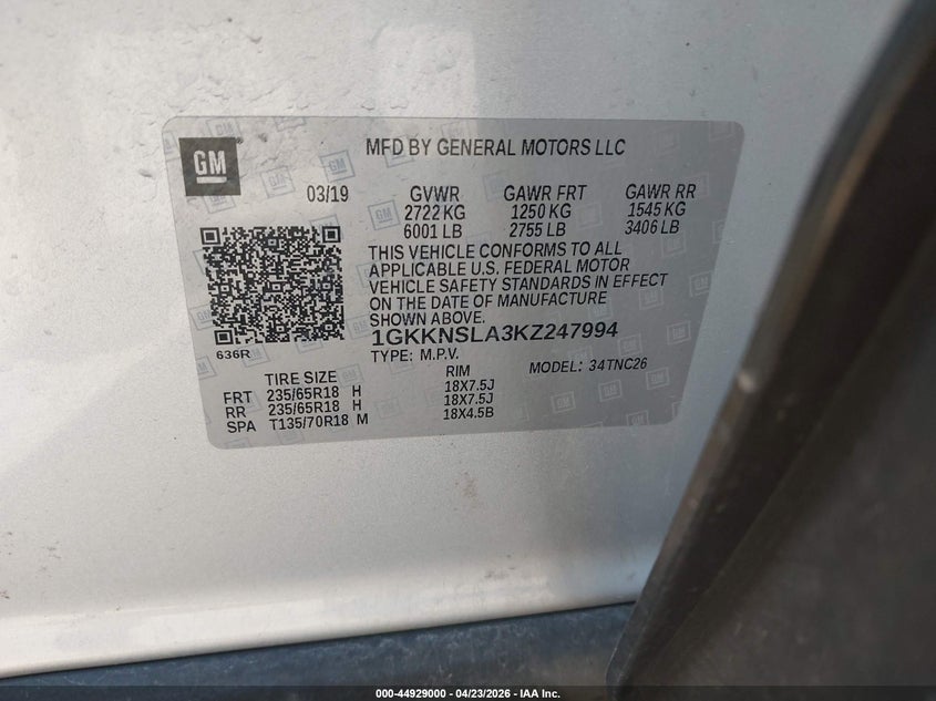 2019 Gmc Acadia VIN 1GKKNSLA3KZ247994 IAAI salvage auction — FRONT END, Salvage Title, sold $2,100 on 2026-07-09 (photo 9)