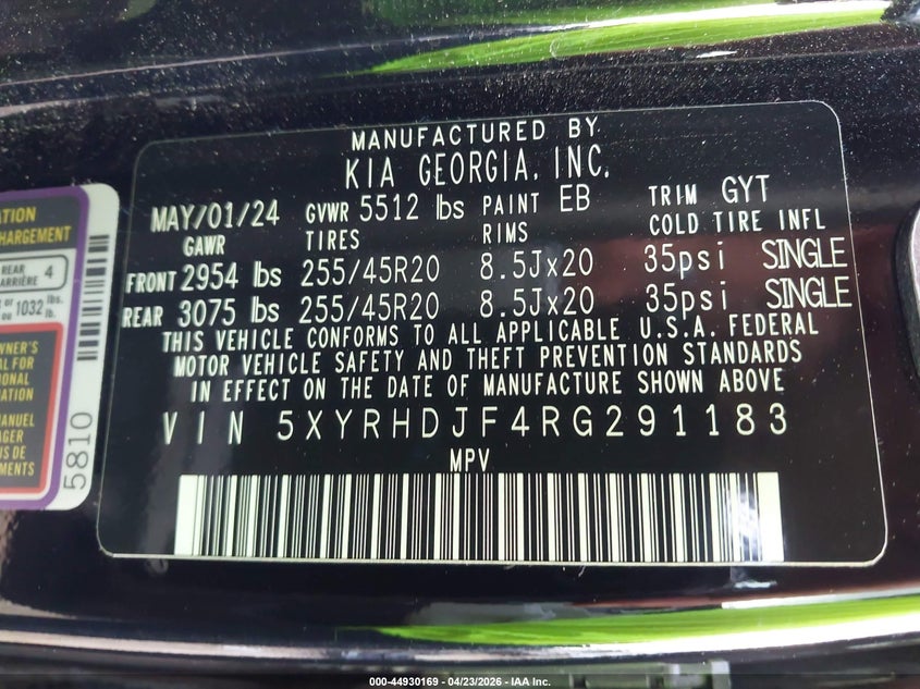 2024 Kia Sorento VIN 5XYRHDJF4RG291183 IAAI salvage auction — FRONT & REAR, Original (Texas), sold $13,200 on 2026-07-23 (photo 9)