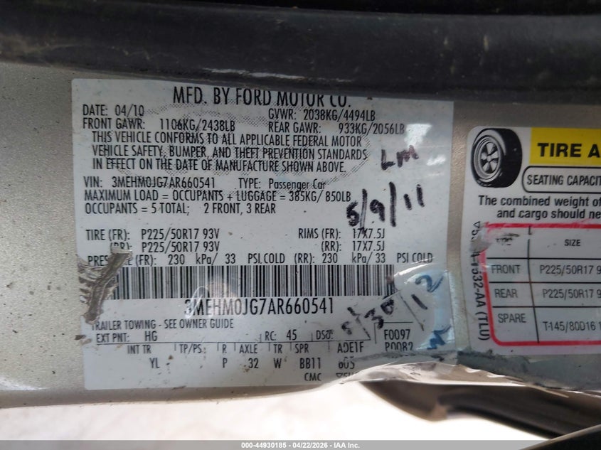 2010 Mercury Milan VIN 3MEHM0JG7AR660541 IAAI salvage auction — ROLLOVER, Non-Repairable (Texas), sold $25 on 2026-07-28 (photo 9)