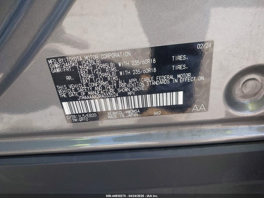 2024 Toyota Bz4x VIN JTMAAAAA2RA033524 IAAI salvage auction — FRONT END, Salvage (California), sold $4,300 on 2026-07-14 (photo 9)