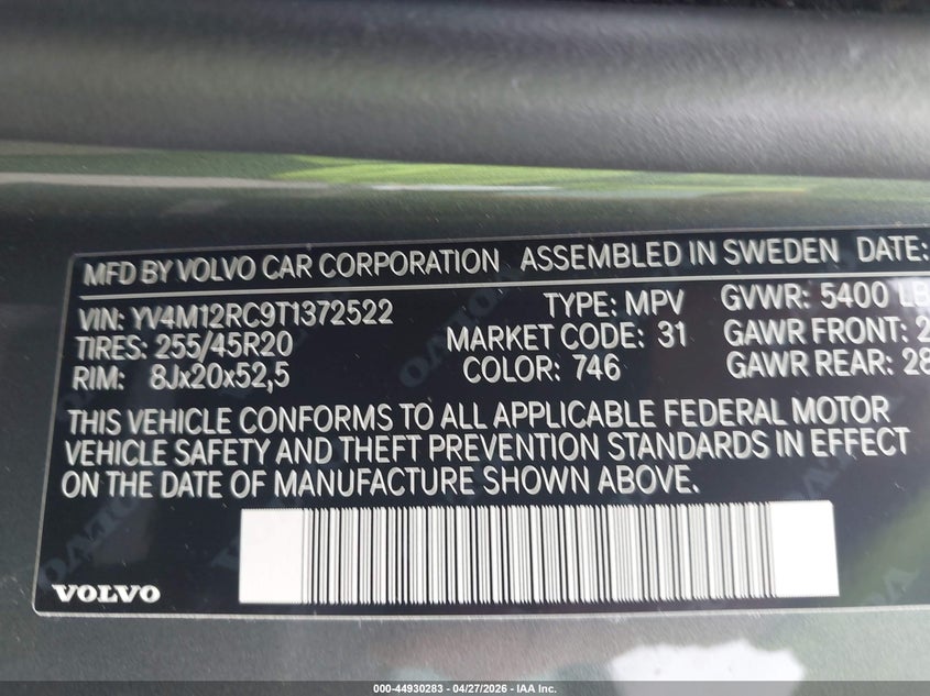 2026 Volvo Xc60 VIN YV4M12RC9T1372522 IAAI salvage auction — REAR END, Salvage Title, sold $23,200 on 2026-07-13 (photo 9)