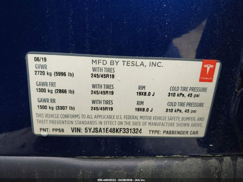 2019 Tesla Model s VIN 5YJSA1E48KF331324 IAAI salvage auction — FRONT & REAR, Salvage (Georgia), sold $9,575 on 2026-07-09 (photo 9)