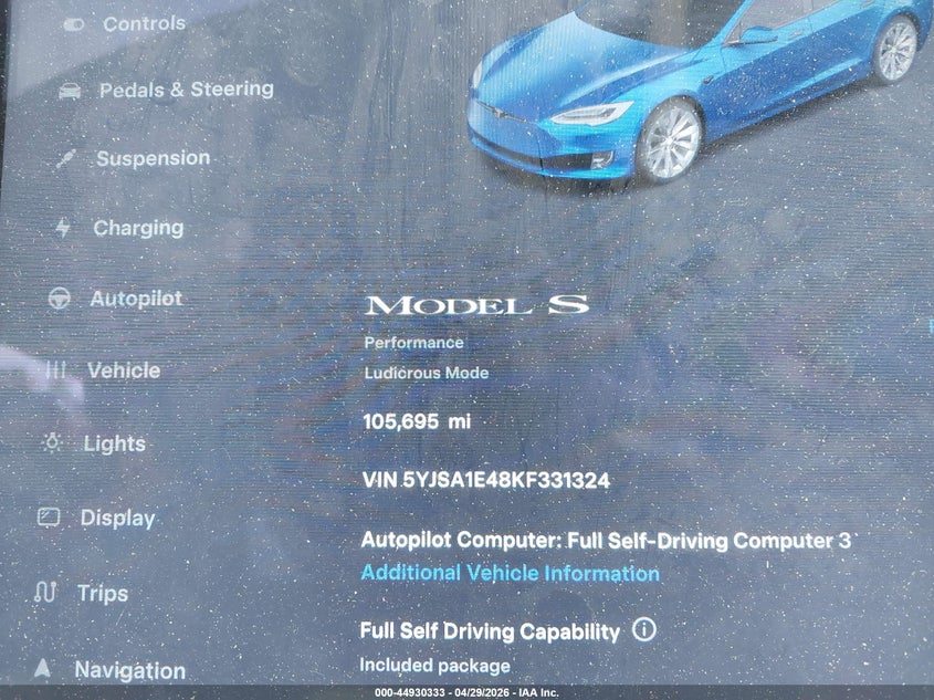 2019 Tesla Model s VIN 5YJSA1E48KF331324 IAAI salvage auction — FRONT & REAR, Salvage (Georgia), sold $9,575 on 2026-07-09 (photo 7)
