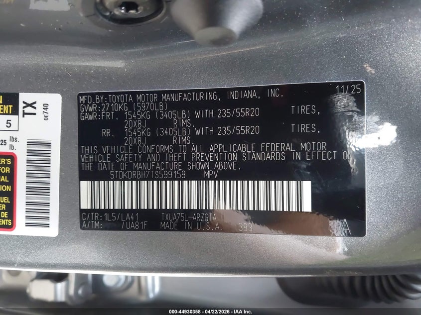 2026 Toyota Highlander VIN 5TDKDRBH7TS599159 IAAI salvage auction — FRONT & REAR, Original (Texas), sold $19,150 on 2026-07-14 (photo 9)