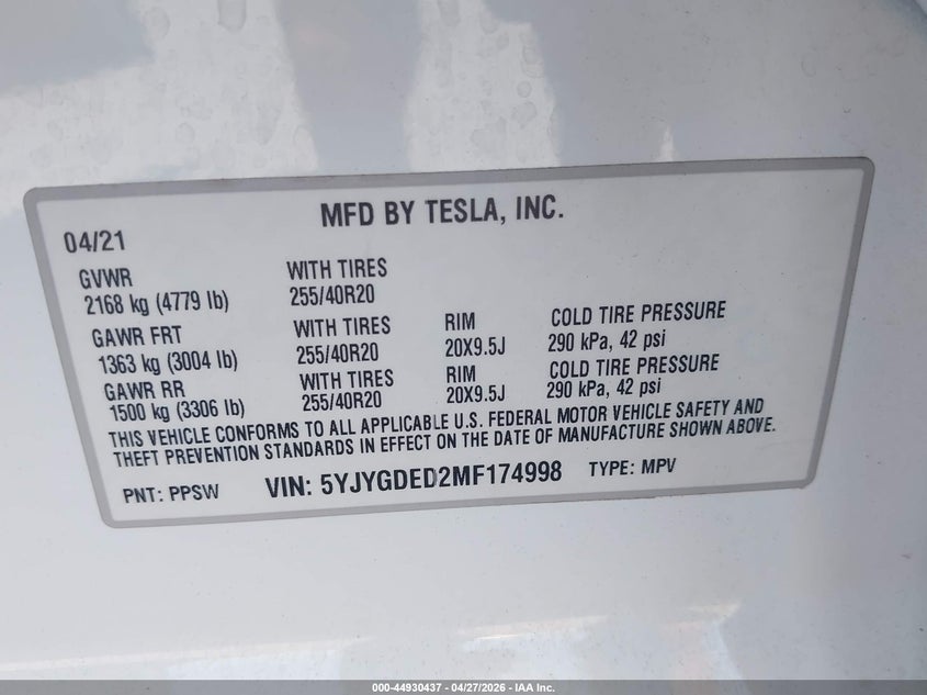 2021 Tesla Model y VIN 5YJYGDED2MF174998 IAAI salvage auction — FRONT END, Salvage Title, sold $7,525 on 2026-08-24 (photo 9)