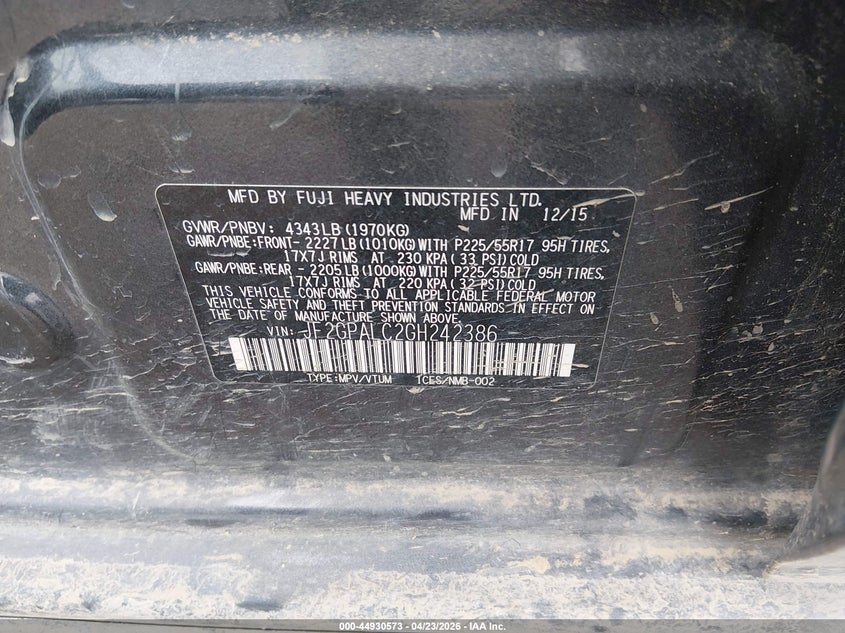 2016 Subaru Xv VIN JF2GPALC2GH242386 IAAI salvage auction — FRONT END, Salvage (Montana), sold $350 on 2026-07-22 (photo 9)