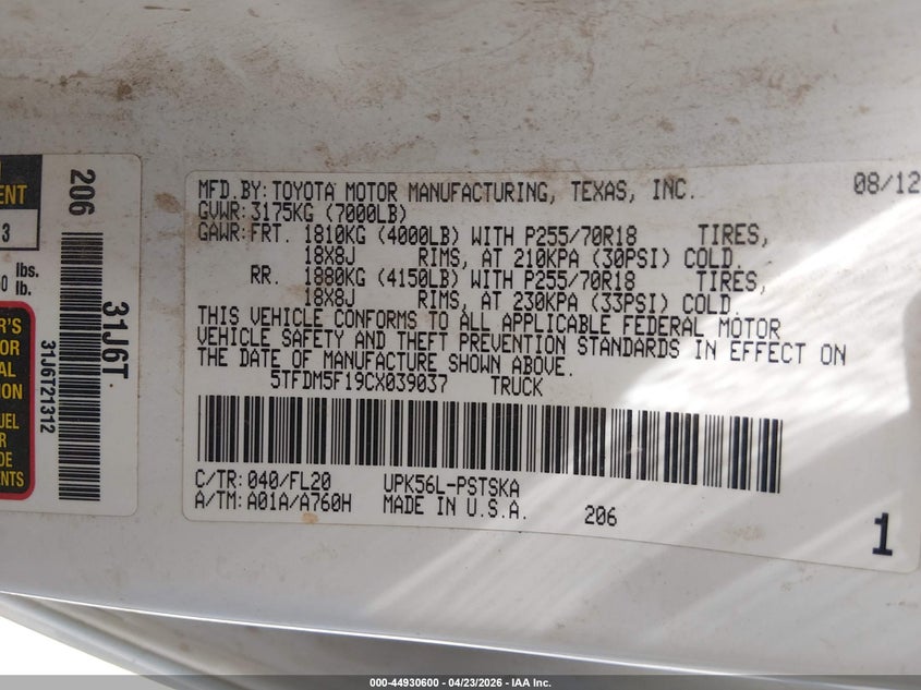 2012 Toyota Tundra VIN 5TFDM5F19CX039037 IAAI salvage auction — FRONT END, Salvage (Colorado), sold $1,900 on 2026-07-14 (photo 9)