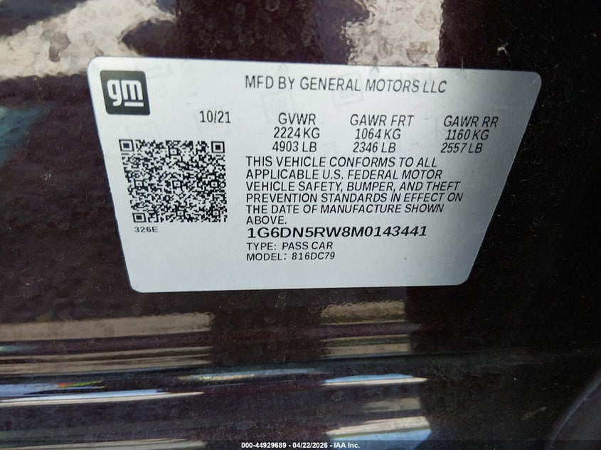 2021 Cadillac Ct5 VIN 1G6DN5RW8M0143441 IAAI salvage auction — FRONT END, Salvage (South Carolina), sold $8,950 on 2026-09-11 (photo 9)