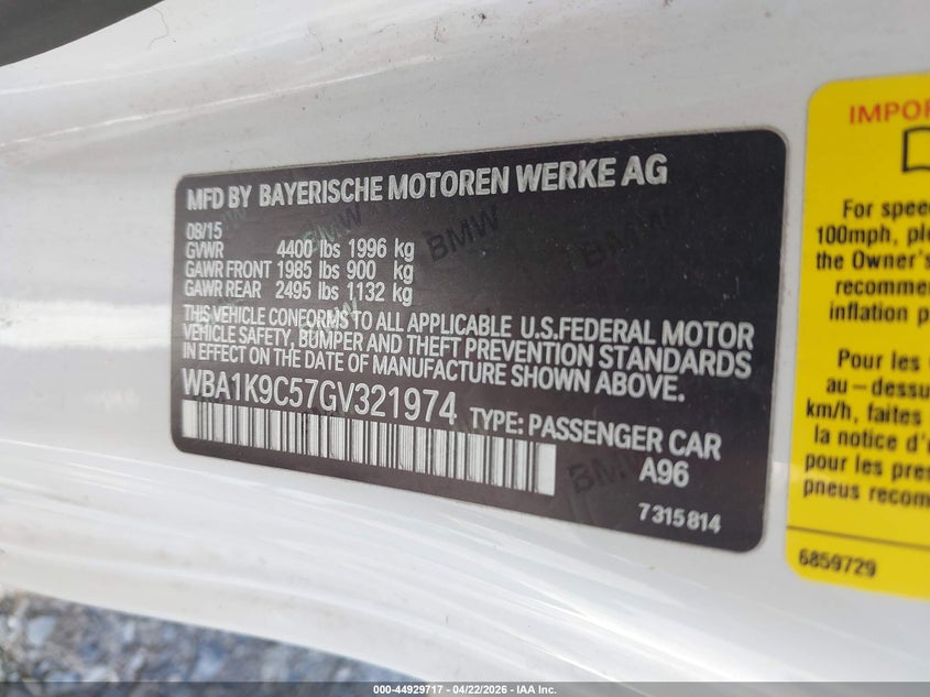 2016 BMW 2er VIN WBA1K9C57GV321974 IAAI salvage auction — REAR END, Salvage Title, sold $2,450 on 2026-07-09 (photo 9)