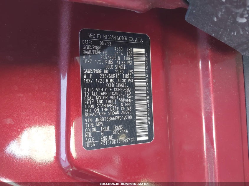 2023 Nissan Rogue VIN JN8BT3BA6PW012799 IAAI salvage auction — FRONT END, Salvage (California), sold $4,650 on 2026-07-08 (photo 9)