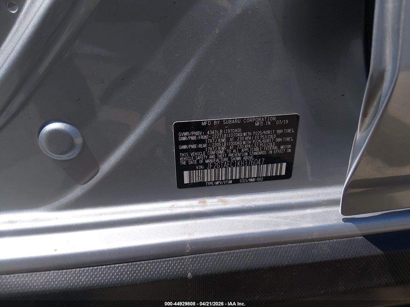 2019 Subaru Xv VIN JF2GTAEC1KH376047 IAAI salvage auction — FRONT END, Salvage Title, sold $1,125 on 2026-07-21 (photo 9)