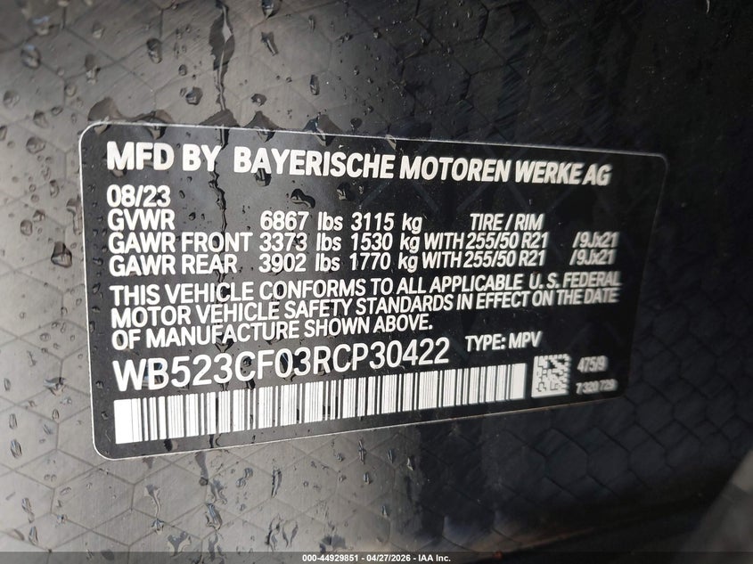 2024 BMW Ix VIN WB523CF03RCP30422 IAAI salvage auction — REAR END, Salvage Title, sold $27,500 on 2026-07-17 (photo 9)