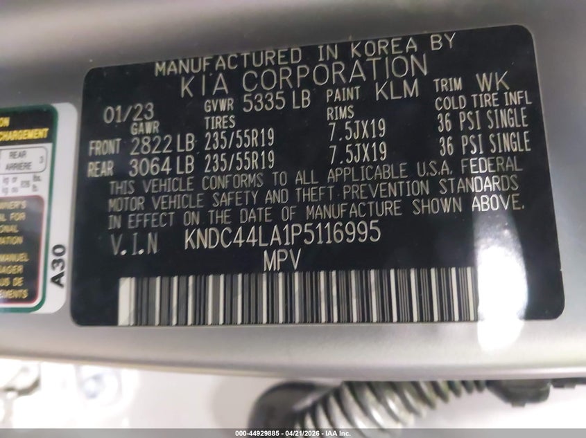 2023 Kia Ev6 VIN KNDC44LA1P5116995 IAAI salvage auction — SIDE, Salvage Title, sold $11,400 on 2026-08-15 (photo 9)