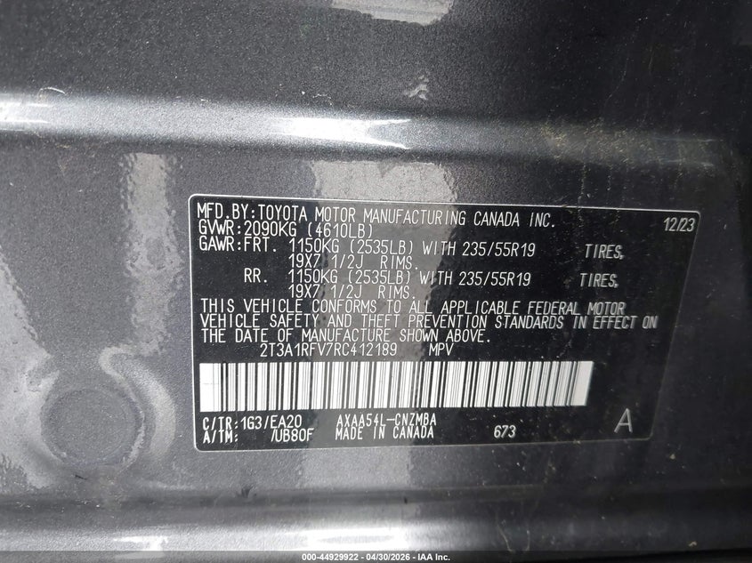 2024 Toyota Rav 4 VIN 2T3A1RFV7RC412189 IAAI salvage auction — REAR END, Salvage (New Jersey), sold $10,500 on 2026-07-06 (photo 9)