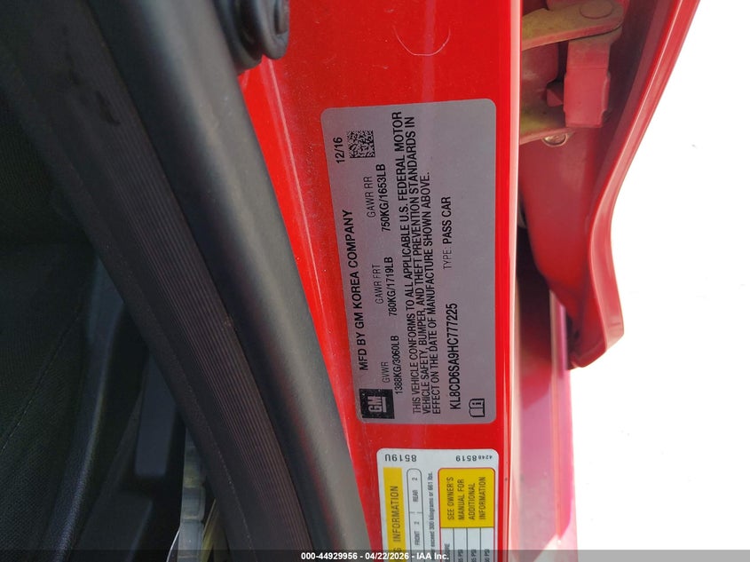 2017 Chevrolet Spark VIN KL8CD6SA9HC777225 IAAI salvage auction — FRONT END, Original (Texas), sold $1,450 on 2026-07-08 (photo 9)