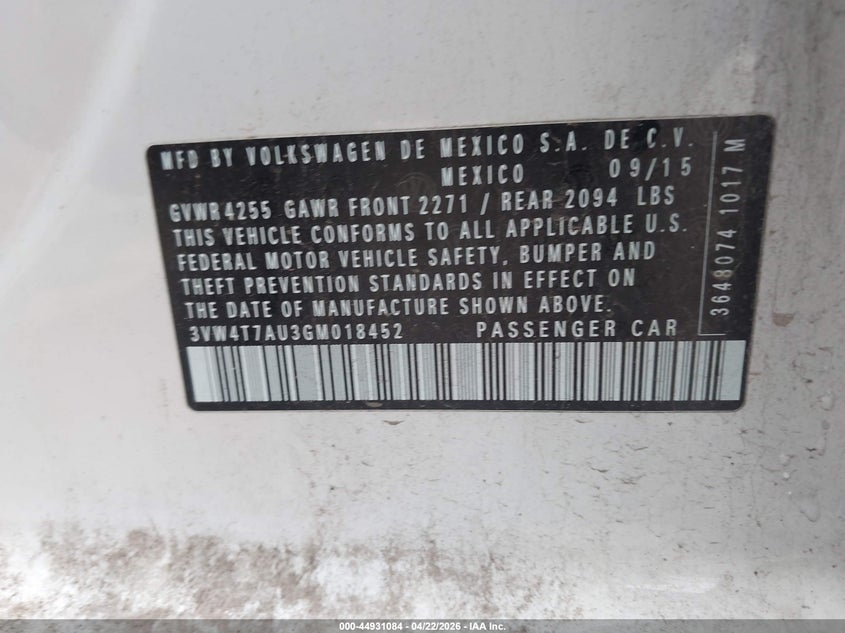 2016 Volkswagen Golf gti VIN 3VW4T7AU3GM018452 IAAI salvage auction — RIGHT SIDE, Clear (Oklahoma), sold $3,125 on 2026-07-08 (photo 9)